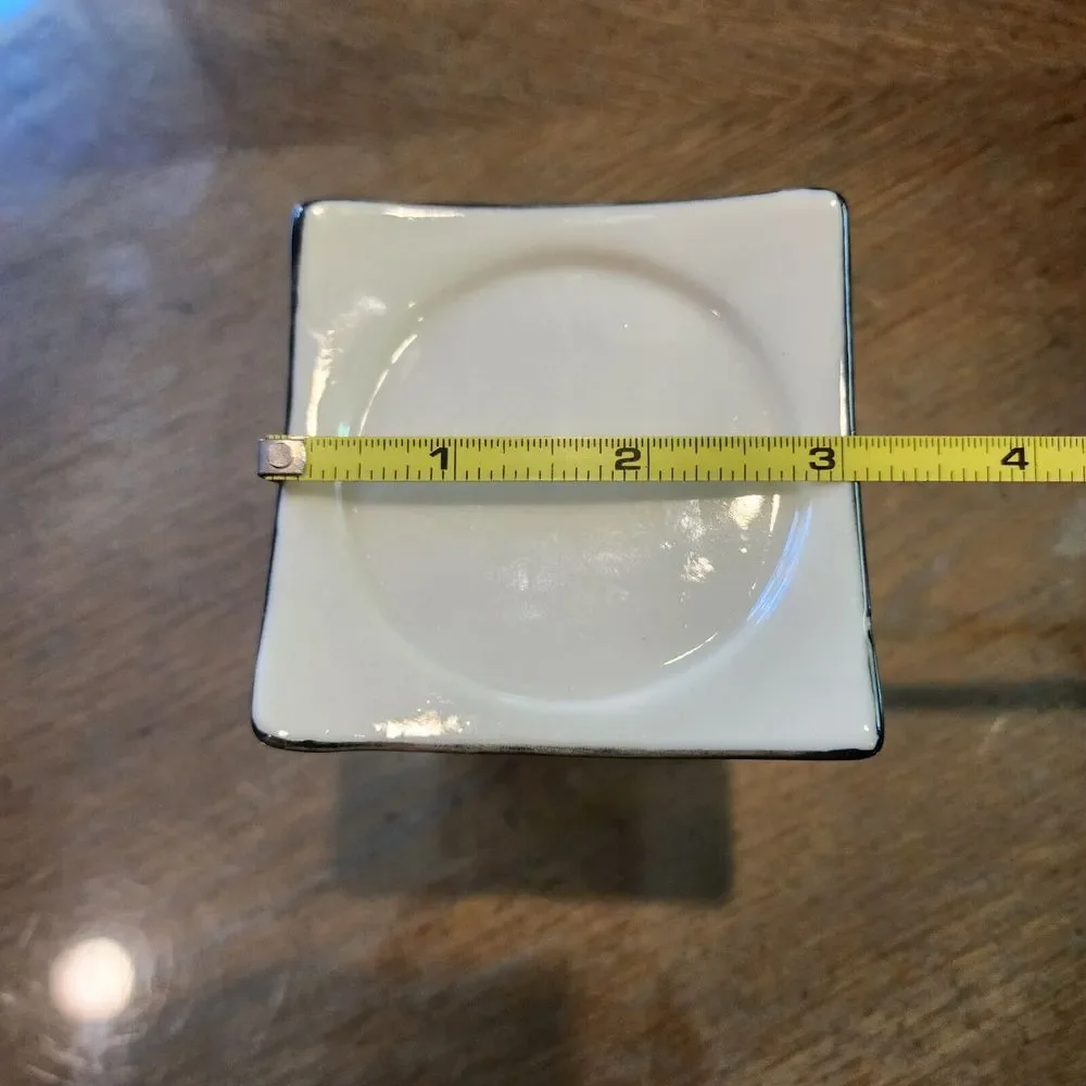 Vintage Asian Village Black Cream Square‎ Transfer Ware Candle Holder Set